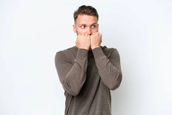 Young Blonde Caucasian Man Isolated White Background Nervous Scared Putting — Stock Photo, Image