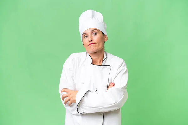 Chef Donna Mezza Età Sfondo Isolato Facendo Dubbi Gesto Mentre — Foto Stock