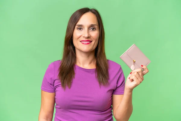 Middle Aged Caucasian Woman Holding Wallet Isolated Background Smiling Lot — Stock Photo, Image