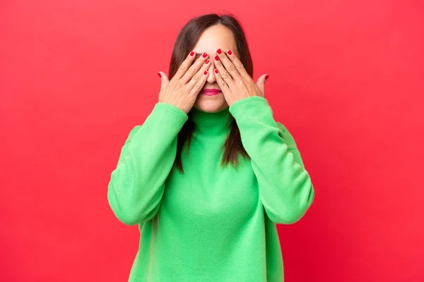 Middle Aged Caucasian Woman Isolated Red Background Covering Eyes Hands — Stock Photo, Image