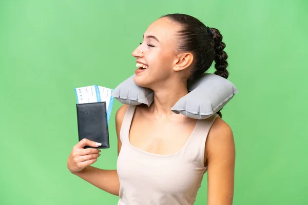 stock image Young Arab woman with Inflatable Travel Pillow over isolated background laughing in lateral position