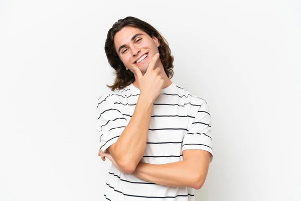 Mladý Pohledný Muž Izolovaný Bílém Pozadí Šťastný Usmívající — Stock fotografie