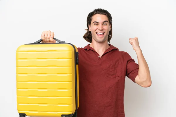 Fiatal Jóképű Férfi Elszigetelt Fehér Háttér Nyaralás Utazási Bőrönd — Stock Fotó