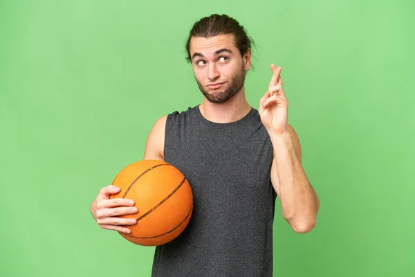 Joven Jugador Baloncesto Hombre Sobre Fondo Aislado Con Los Dedos —  Fotos de Stock