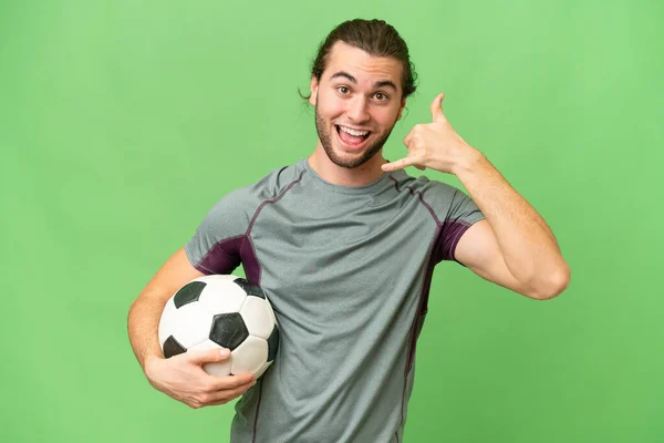 Jonge Knappe Football Speler Man Geïsoleerde Achtergrond Maken Telefoon Gebaar — Stockfoto