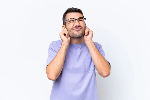 Young Caucasian Man Isolated White Background Frustrated Covering Ears — Stock Photo, Image