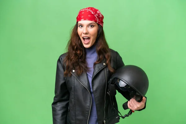 Jonge Kaukasische Vrouw Met Een Motorfiets Helm Geïsoleerde Achtergrond Met — Stockfoto