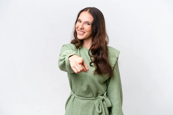 stock image Young caucasian woman isolated on white background points finger at you with a confident expression