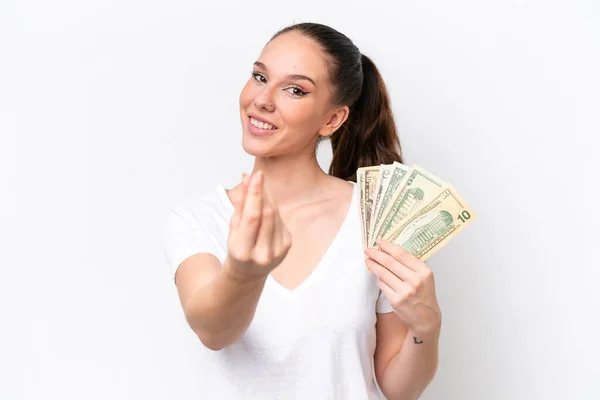 Young Caucasian Woman Taking Lot Money Isolated White Background Making — Stock Photo, Image
