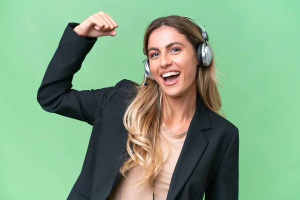 Telemarketer Pretty Uruguayan Woman Working Headset Isolated Background Doing Strong — Stock Photo, Image