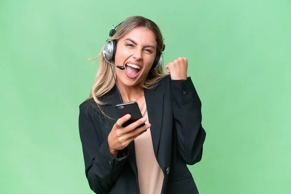 Telemarketer Pretty Uruguayan Woman Working Headset Isolated Background Phone Victory — Stock Photo, Image