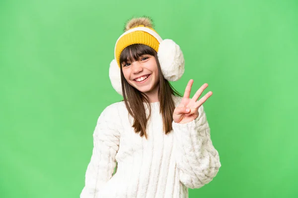 Menina Caucasiana Vestindo Baldes Inverno Sobre Fundo Isolado Feliz Contando — Fotografia de Stock