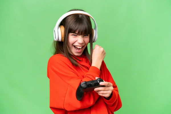 Little Caucasian Girl Playing Video Game Controller Isolated Background Celebrating — Stock Photo, Image