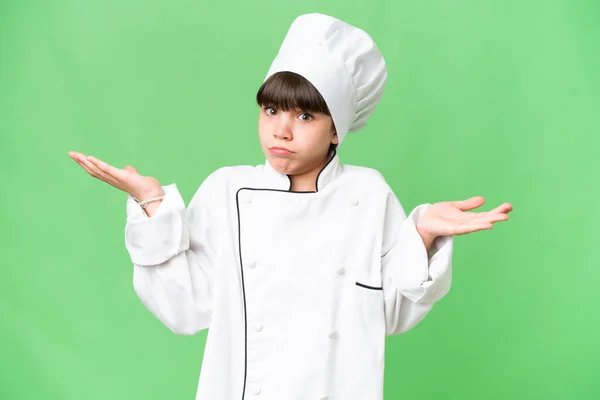 Pequeña Chica Chef Caucásica Sobre Fondo Aislado Que Tiene Dudas — Foto de Stock