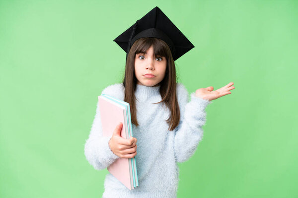 Little caucasian student girl over isolated background having doubts while raising hands