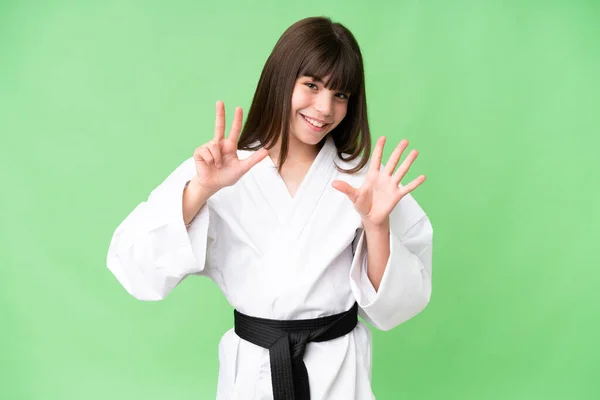 Little Caucasian Girl Doing Karate Isolated Background Counting Eight Fingers — Stock Photo, Image
