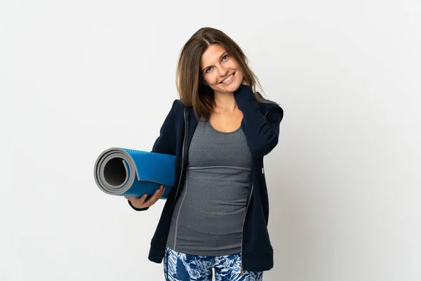 Slovakiska Flicka Till Yoga Klasser Isolerade Vit Bakgrund Skrattar — Stockfoto