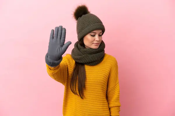 Young Caucasian Girl Winter Hat Isolated Pink Background Making Stop — Stock Photo, Image