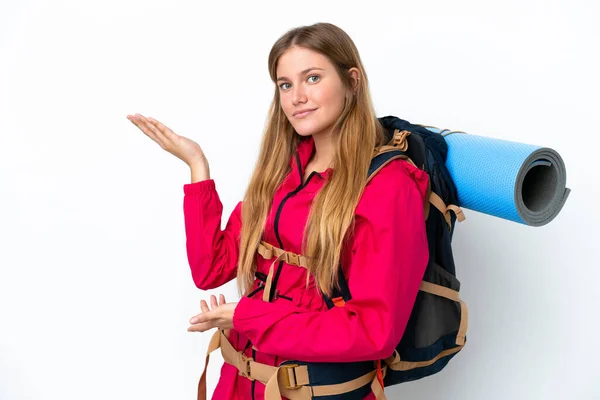 Young Mountaineer Girl Big Backpack Isolated White Background Extending Hands — Stock Photo, Image