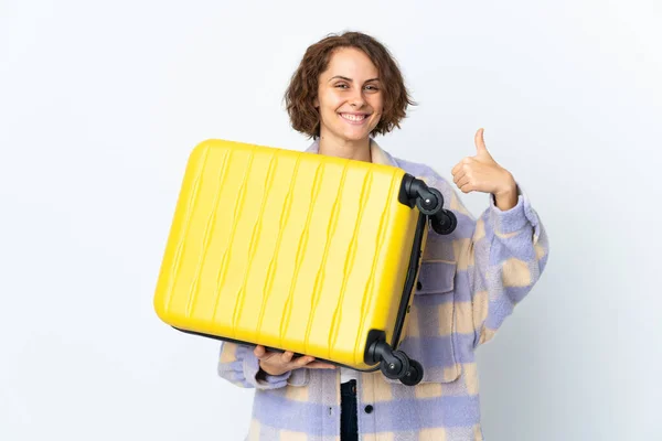 Young English Woman Isolated White Background Vacation Travel Suitcase Thumb — Fotografia de Stock