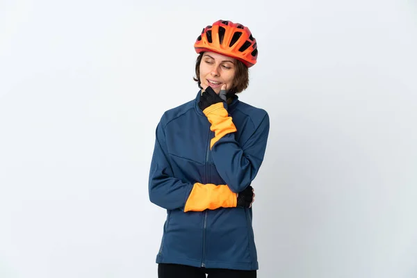 Young English Cyclist Woman Isolated White Background Looking Side Smiling — Stock Photo, Image