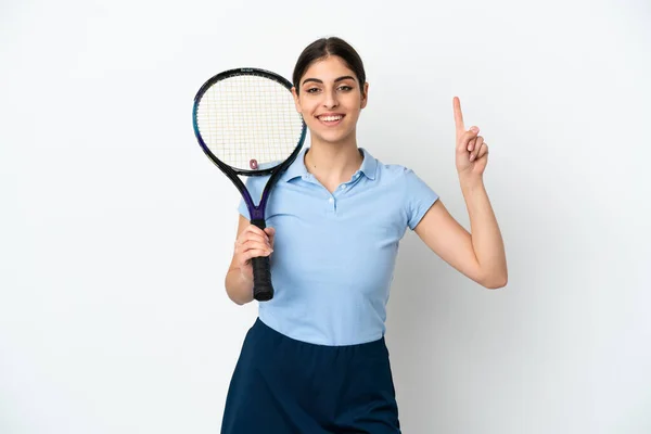 Stilig Ung Tennisspelare Kaukasisk Kvinna Isolerad Vit Bakgrund Pekar Upp — Stockfoto
