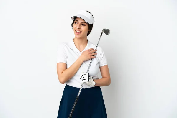 Beau Jeune Golfeur Joueur Femme Isolé Sur Fond Blanc Levant — Photo