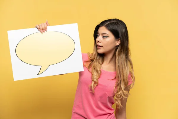Young Russian Girl Isolated Yellow Background Holding Placard Speech Bubble — Stock Photo, Image