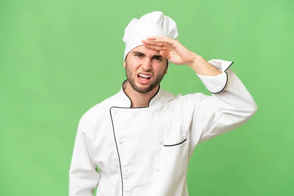 Young Handsome Chef Man Isolated Background Looking Far Away Hand — Stock Photo, Image