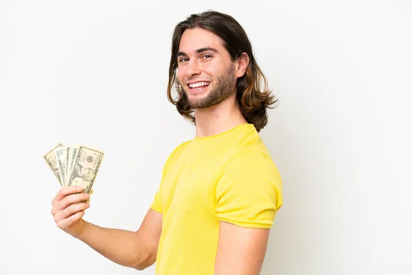 Νεαρός Όμορφος Άντρας Παίρνει Πολλά Χρήματα Απομονωμένος Λευκό Φόντο Χαμογελώντας — Φωτογραφία Αρχείου