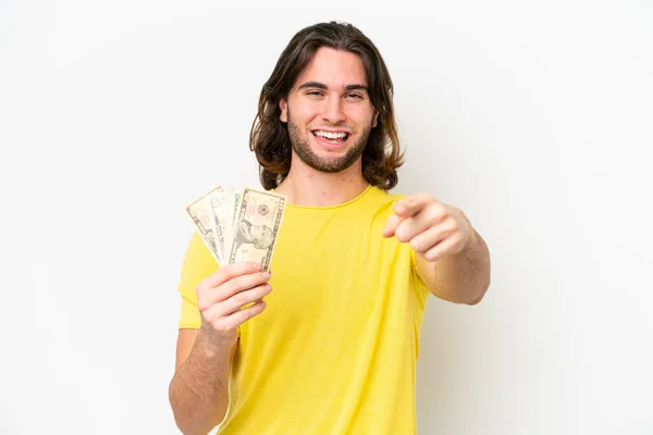 Junger Gutaussehender Mann Nimmt Viel Geld Isoliert Auf Weißem Hintergrund — Stockfoto