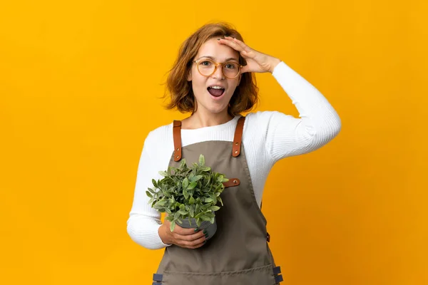 Young Georgian Woman Holding Plant Isolated Yellow Background Surprise Expression — Stock Photo, Image