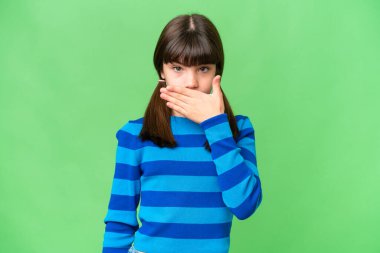 İzole edilmiş arka planda küçük beyaz kız ağızlarını eliyle kapatıyor.