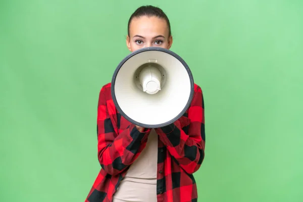 Young Arab Woman Isolated Background Shouting Megaphone Announce Something — Stock Photo, Image