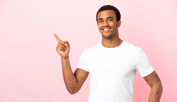 African American Man Copyspace Pink Background Showing Lifting Finger Sign — Stock Photo, Image
