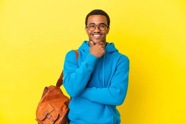 African American Student Man Isolated Yellow Background Glasses Happy — Stock Photo, Image