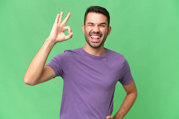 Mladý Pohledný Běloch Muž Přes Izolované Pozadí Ukazující Znamení Prsty — Stock fotografie