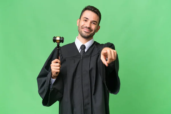 Judge Caucasian Man Isolated Background Pointing Front Happy Expression — Stock Photo, Image