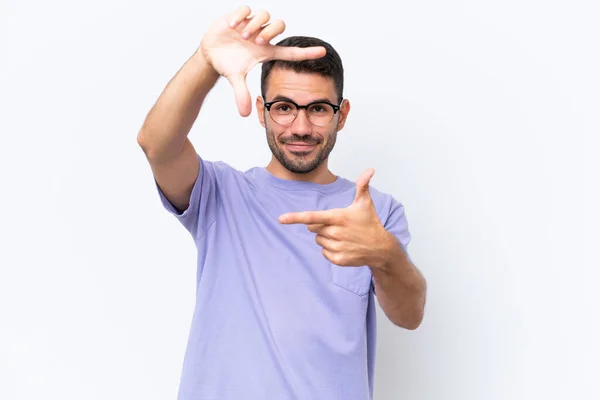 Young Caucasian Man Isolated White Background Focusing Face Framing Symbol — Stock fotografie