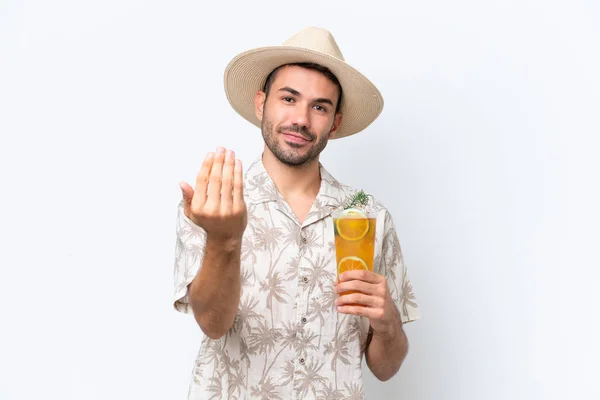 Young Caucasian Man Holding Cocktail Isolated White Background Inviting Come — Stock Photo, Image