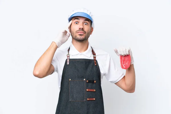 Butcher Caucasian Man Wearing Apron Serving Fresh Cut Meat Isolated — Stock Photo, Image