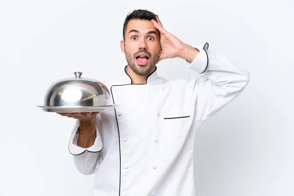 Young Chef Tray Isolated White Background Surprise Expression — Stock Photo, Image