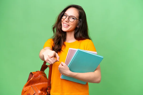 Young Student Caucasian Woman Isolated Background Pointing Front Happy Expression — Foto de Stock