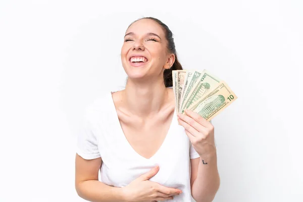 Joven Mujer Caucásica Tomando Montón Dinero Aislado Sobre Fondo Blanco —  Fotos de Stock