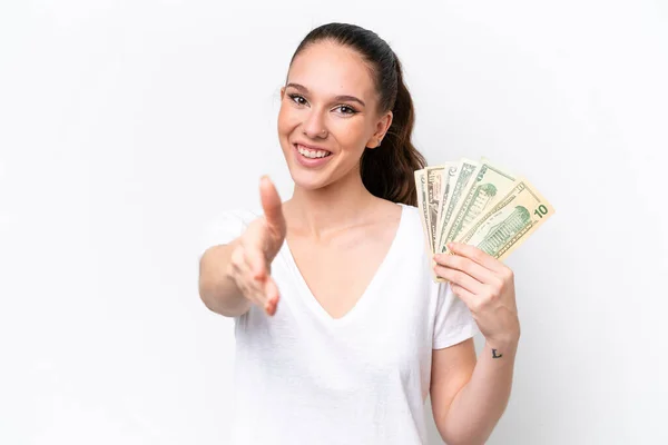 Young Caucasian Woman Taking Lot Money Isolated White Background Shaking — Stock Photo, Image