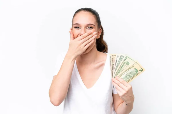 Joven Mujer Caucásica Tomando Montón Dinero Aislado Sobre Fondo Blanco — Foto de Stock