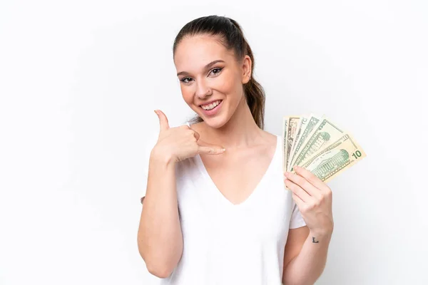 Young Caucasian Woman Taking Lot Money Isolated White Background Making — Stock Photo, Image