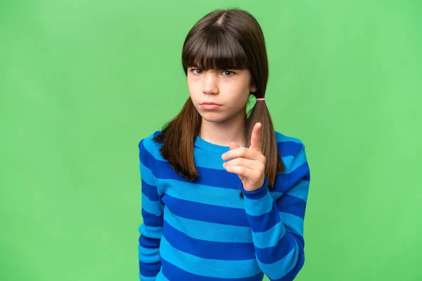 Little Caucasian Girl Isolated Background Frustrated Pointing Front — Stock Photo, Image