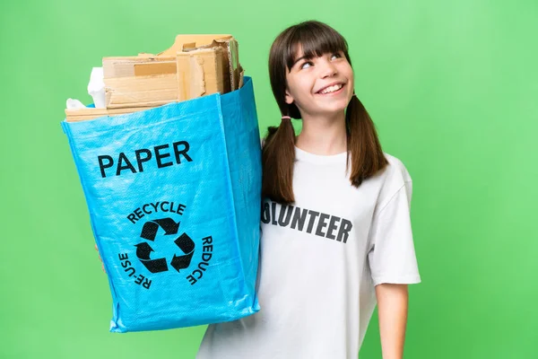 Little Caucasian Girl Holding Recycling Bag Full Paper Recycle Isolated — Stock Photo, Image
