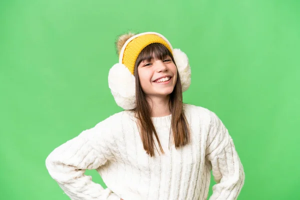 Menina Caucasiana Vestindo Regalos Inverno Sobre Fundo Isolado Posando Com — Fotografia de Stock